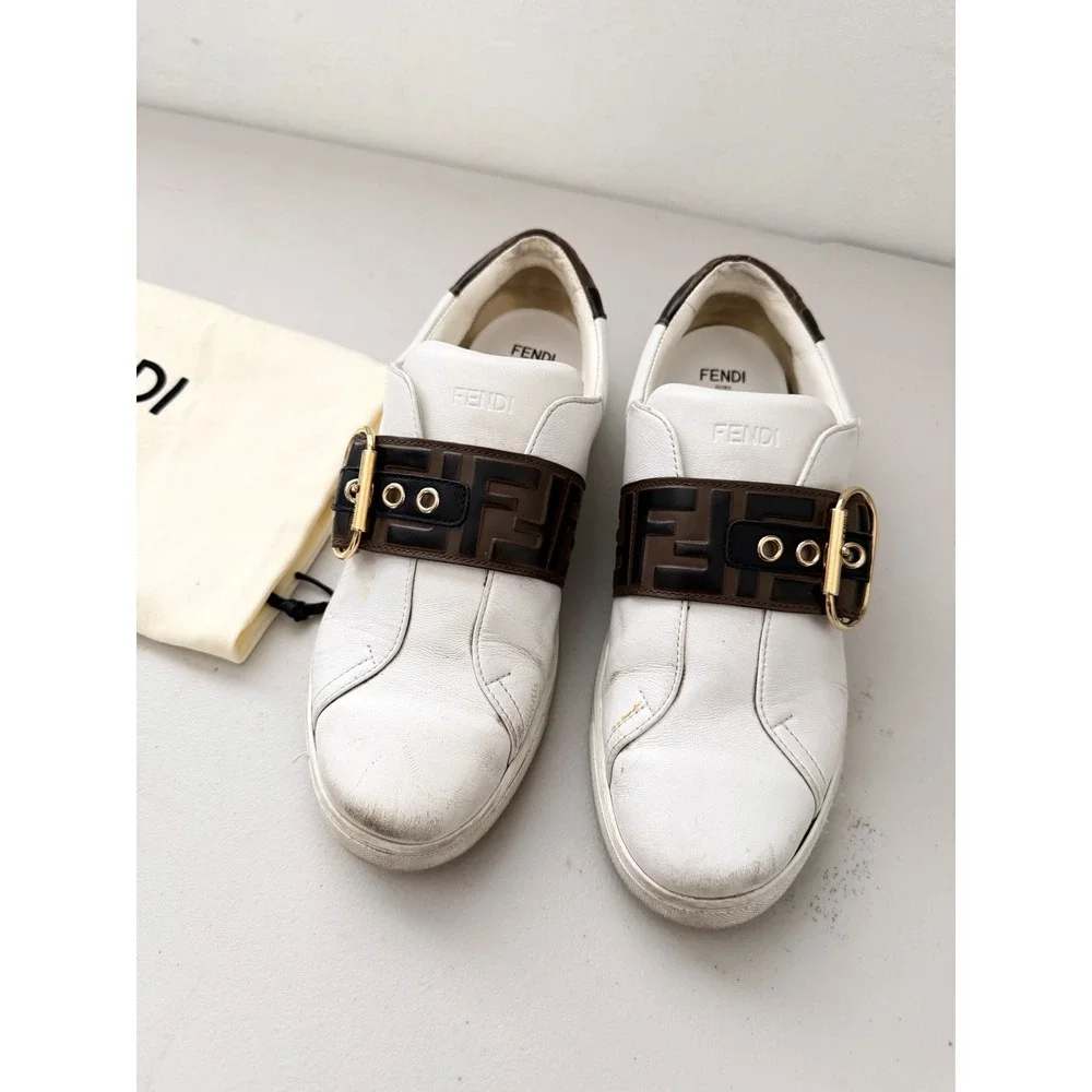 Fendi FF Logo Sneakers Womens 39 White Pre-owned Buckle Strap